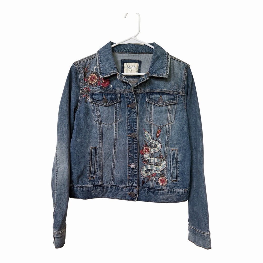 Vintage Mudd Embroidered Snake Floral Denim Jacket Medium Y2K Western Boho